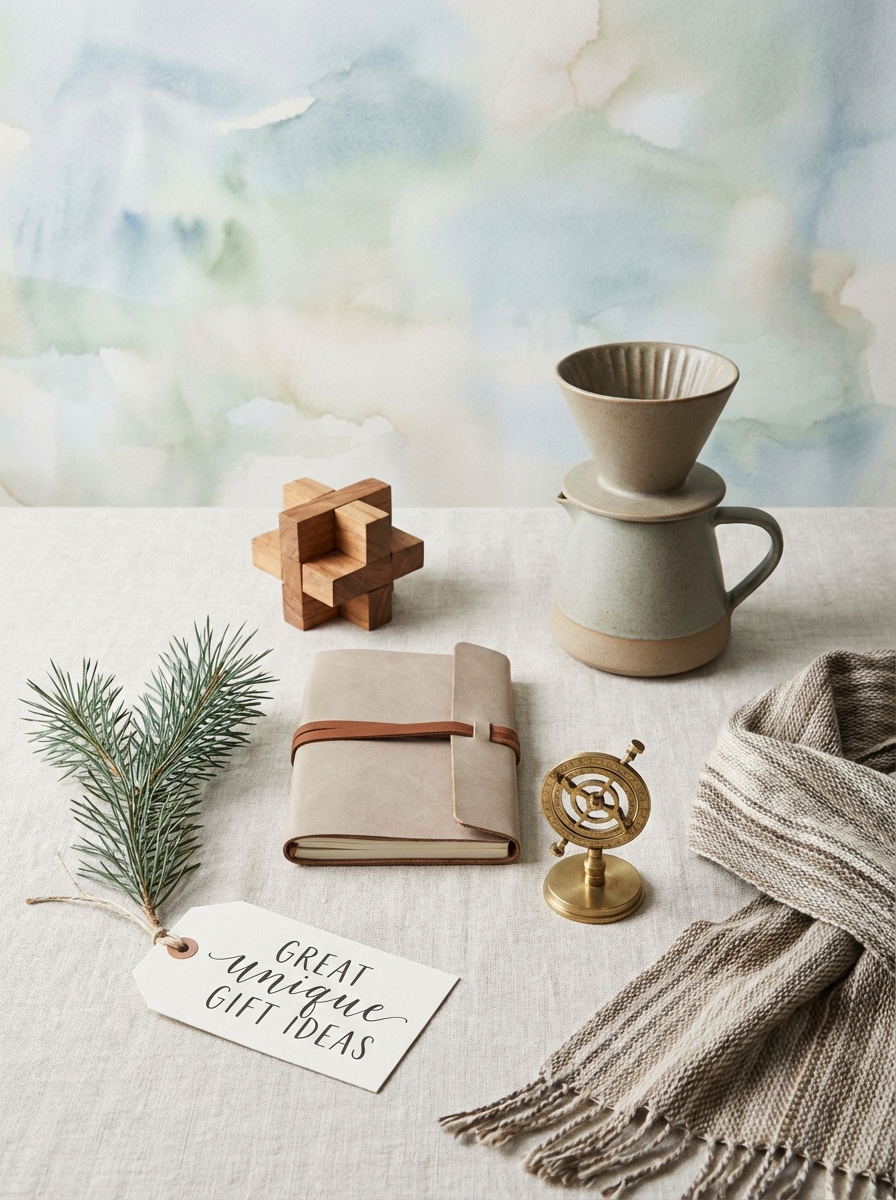 A stylishly wrapped Christmas gift with a vibrant red ribbon sitting on a rustic wooden table, illuminated by warm, golden-hour lighting.