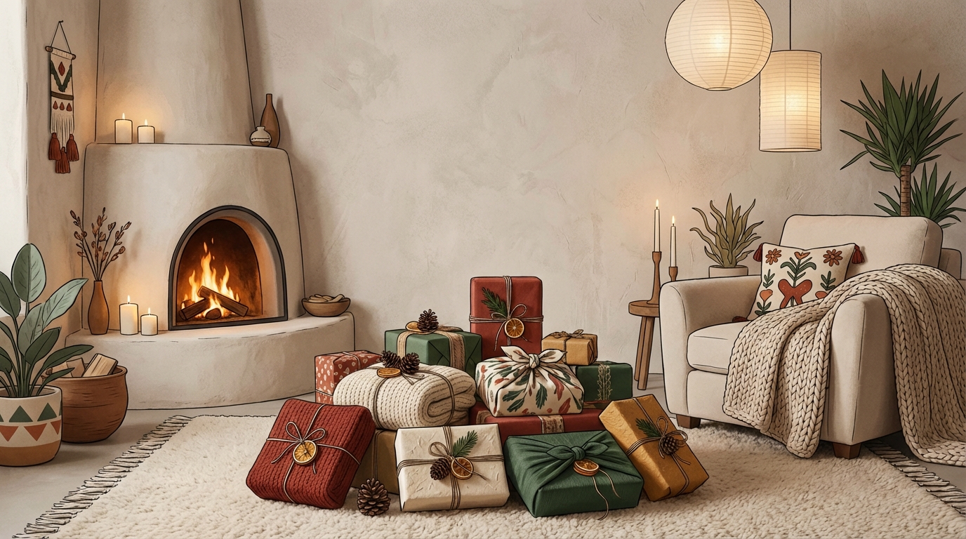 A cozy, festively decorated living room with a fireplace, soft lighting, and a pile of uniquely wrapped gifts in various textures and colors