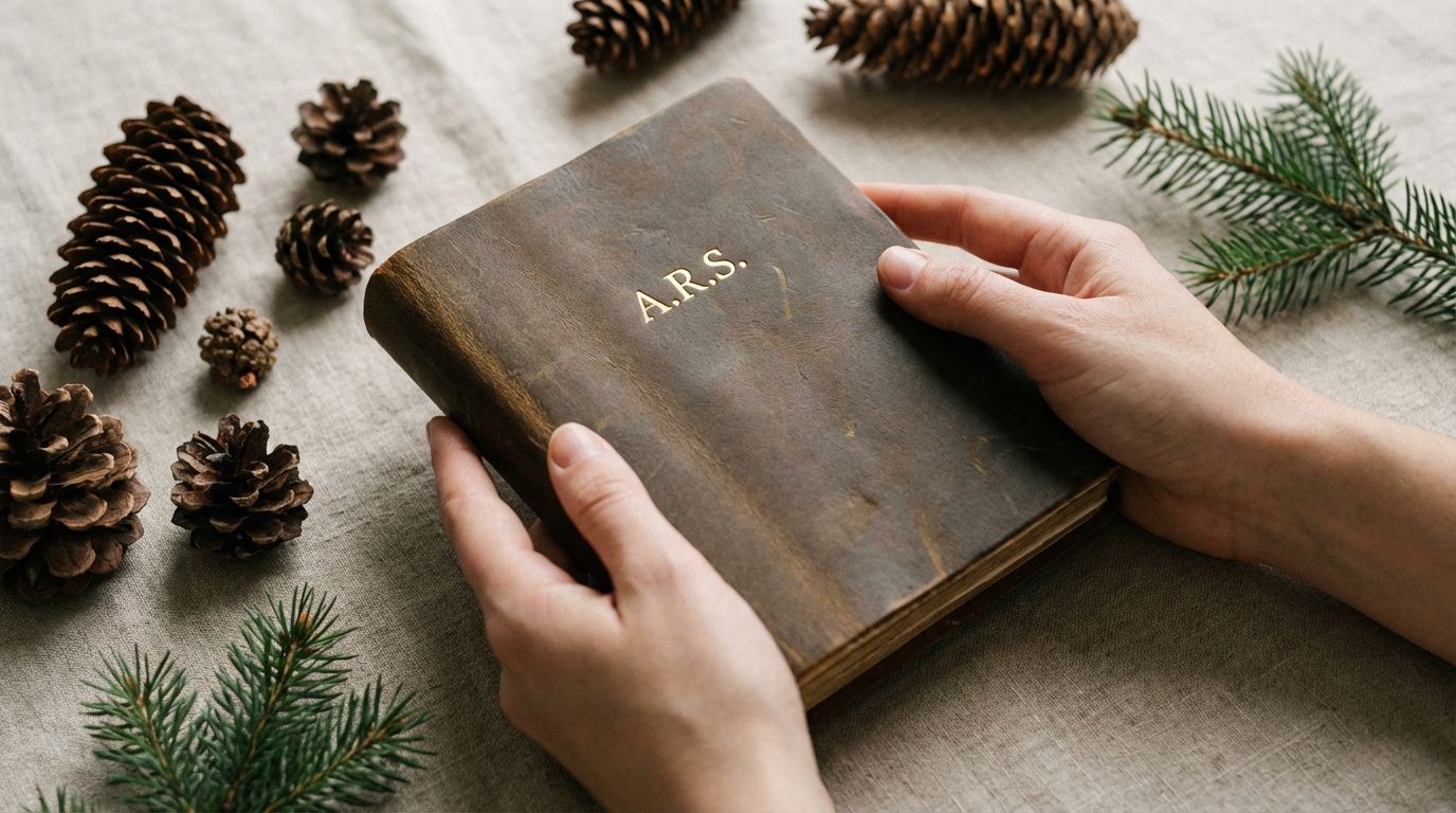 Close up of hands holding a leather journal with gold-foiled personalized initials on the cover, surrounded by pine cones