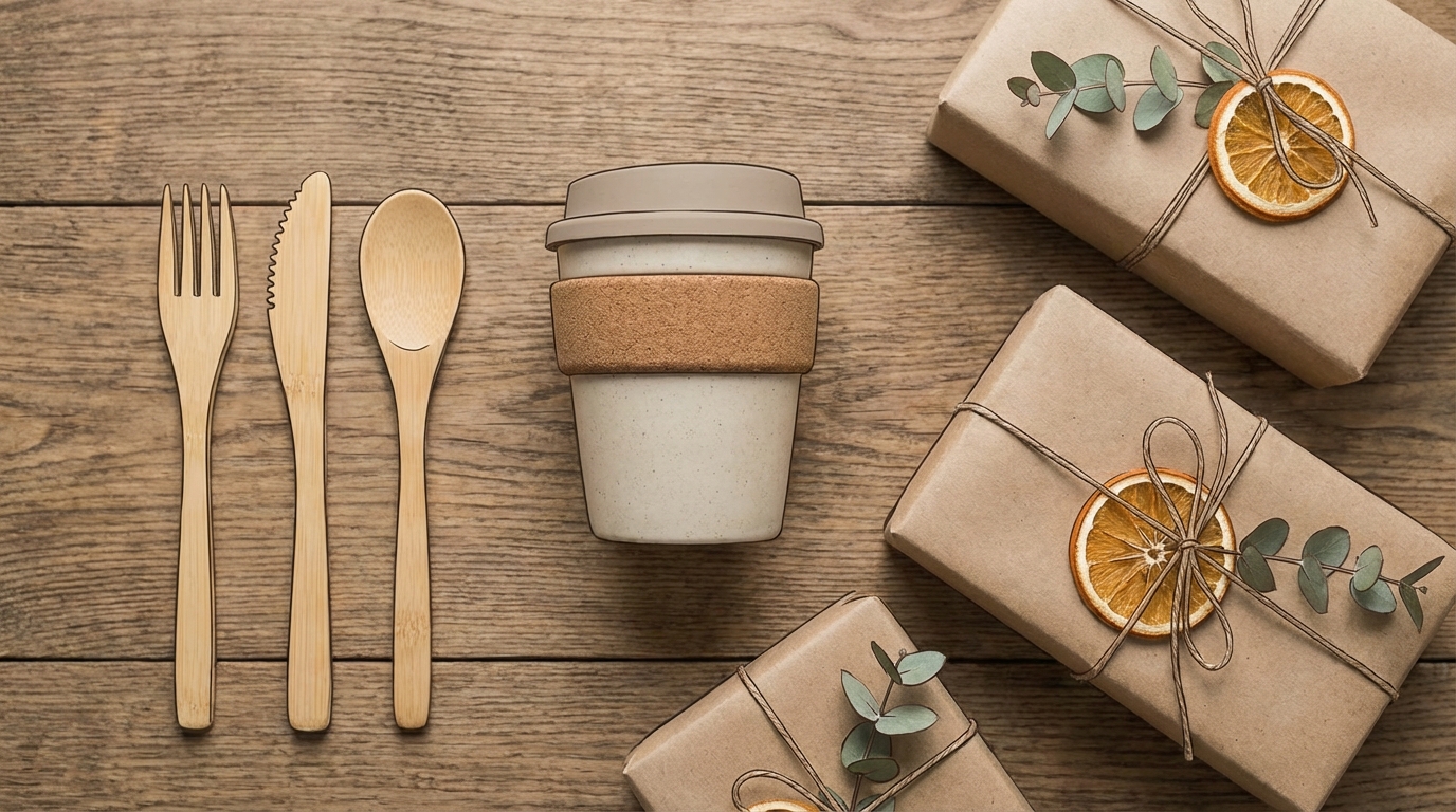 A flat lay of eco-friendly gift items like bamboo utensils, a reusable coffee cup, and gifts wrapped in brown paper with dried orange slices