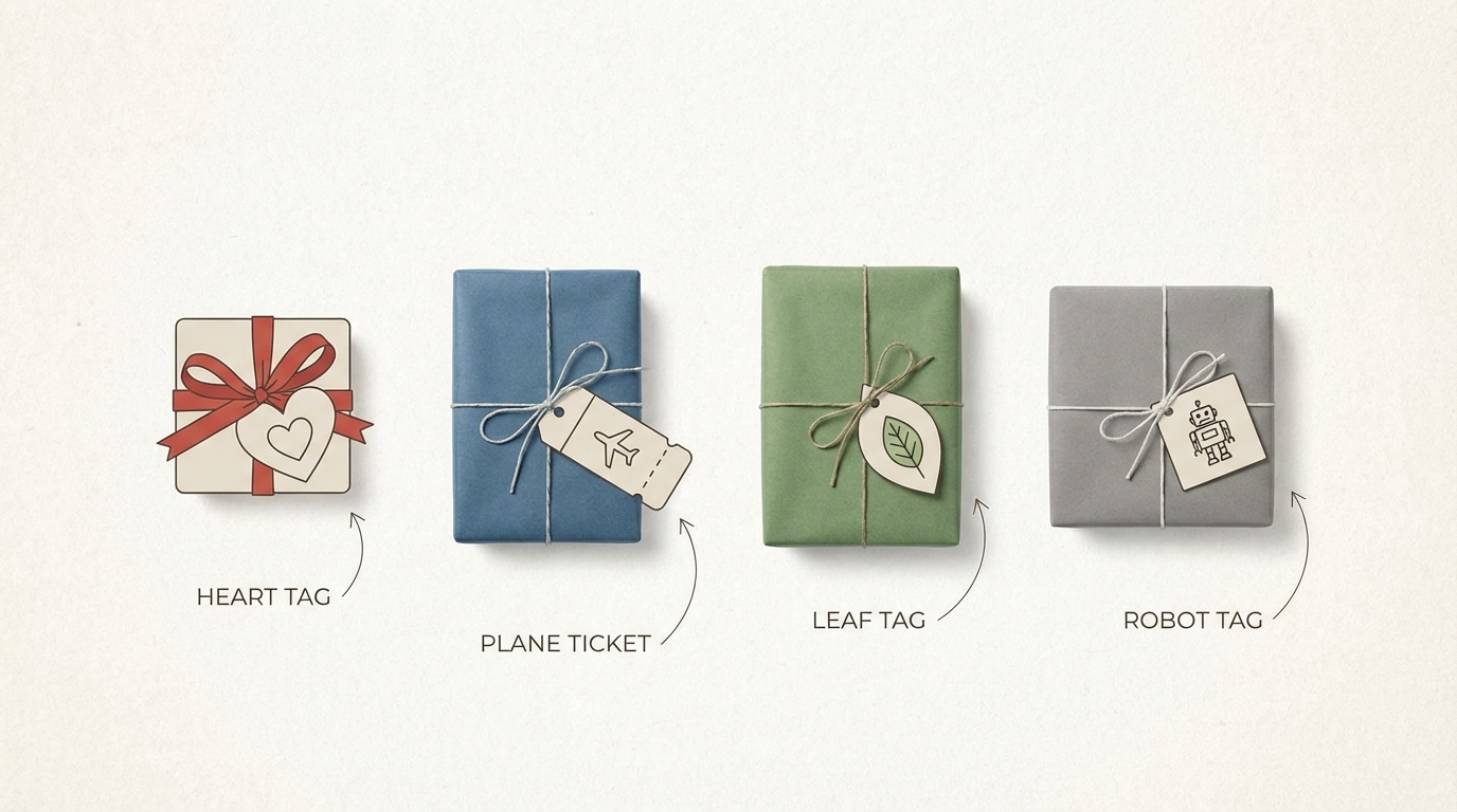 A graphical chart or flat lay showing four different gift boxes, each representing one of the categories: heart tag, plane ticket, leaf tag, and robot tag