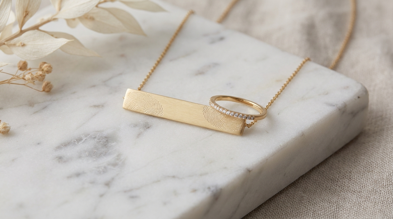 elegant gold bar necklace and ring set displayed on white marble, featuring delicate fingerprint engraving and small diamond accents