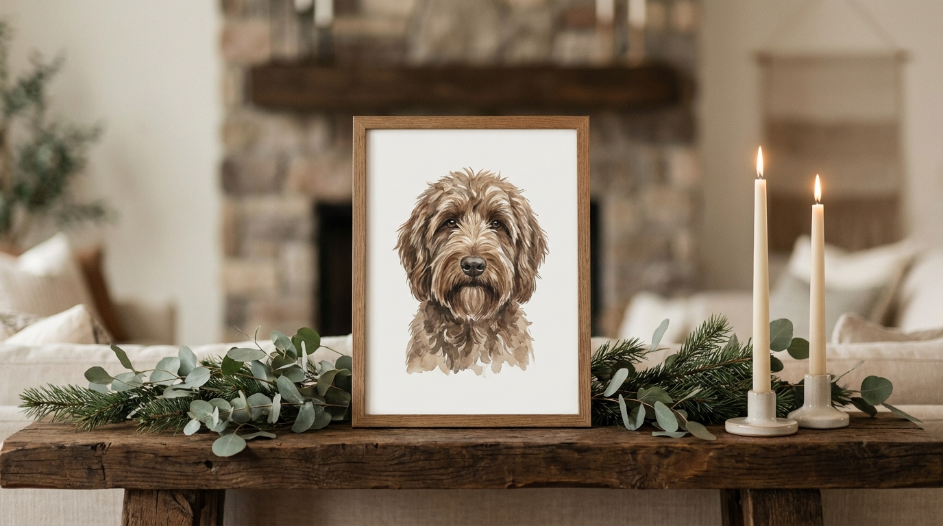 framed custom watercolor portrait of a family pet dog sitting on a rustic wooden mantelpiece next to green christmas garland and candles