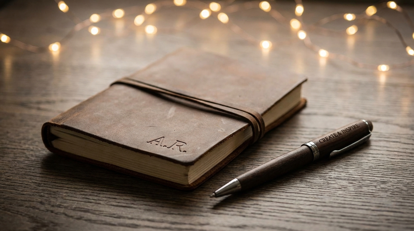 close up of a personalized leather journal and a custom engraved pen resting on a dark wood desk with holiday lighting in the background