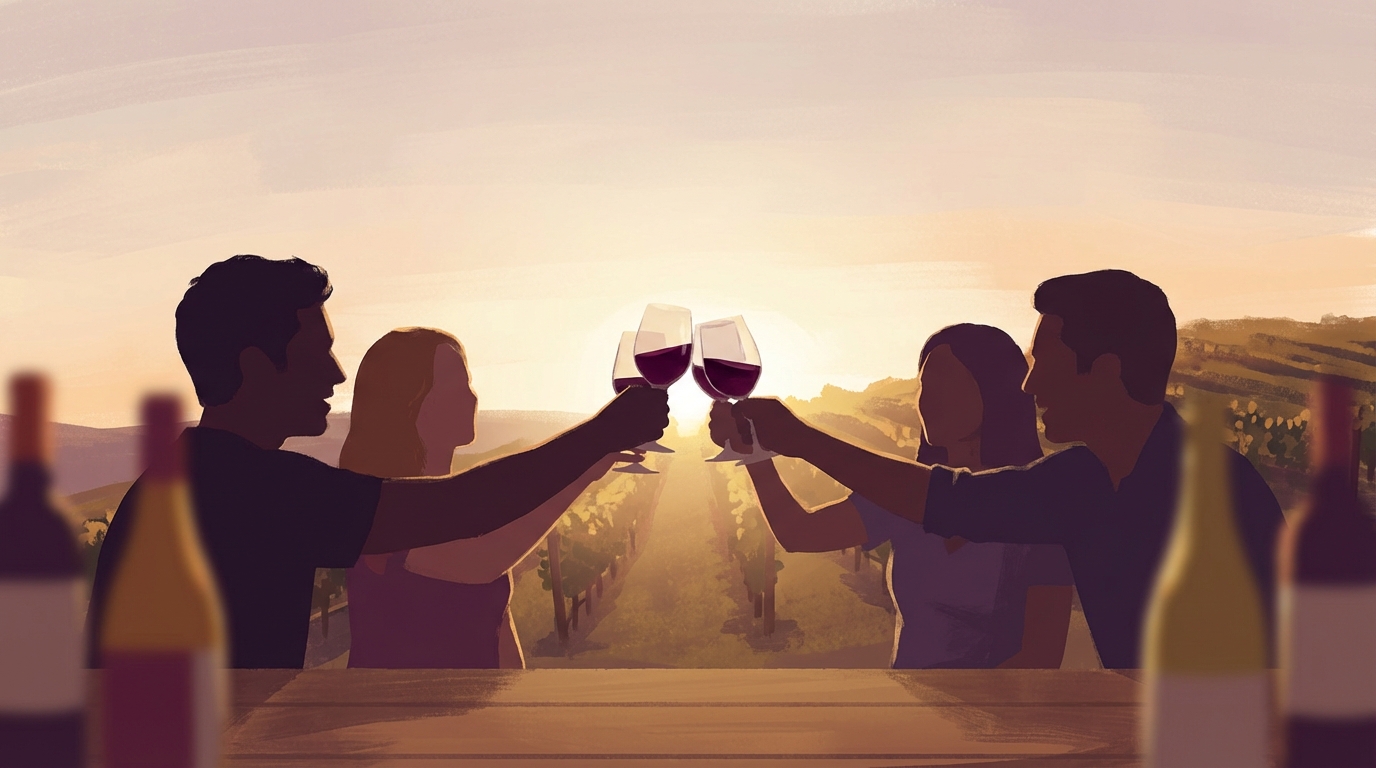A high-quality, candid shot of a group of friends clinking wine glasses at a vineyard tasting during sunset, capturing a warm and celebratory atmosphere.