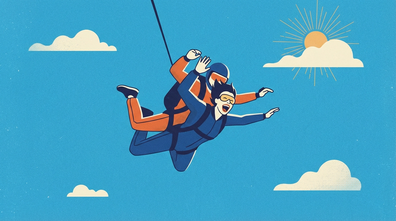 A dynamic action shot of a person skydiving with an instructor, blue skies in the background, showing pure exhilaration on their face.