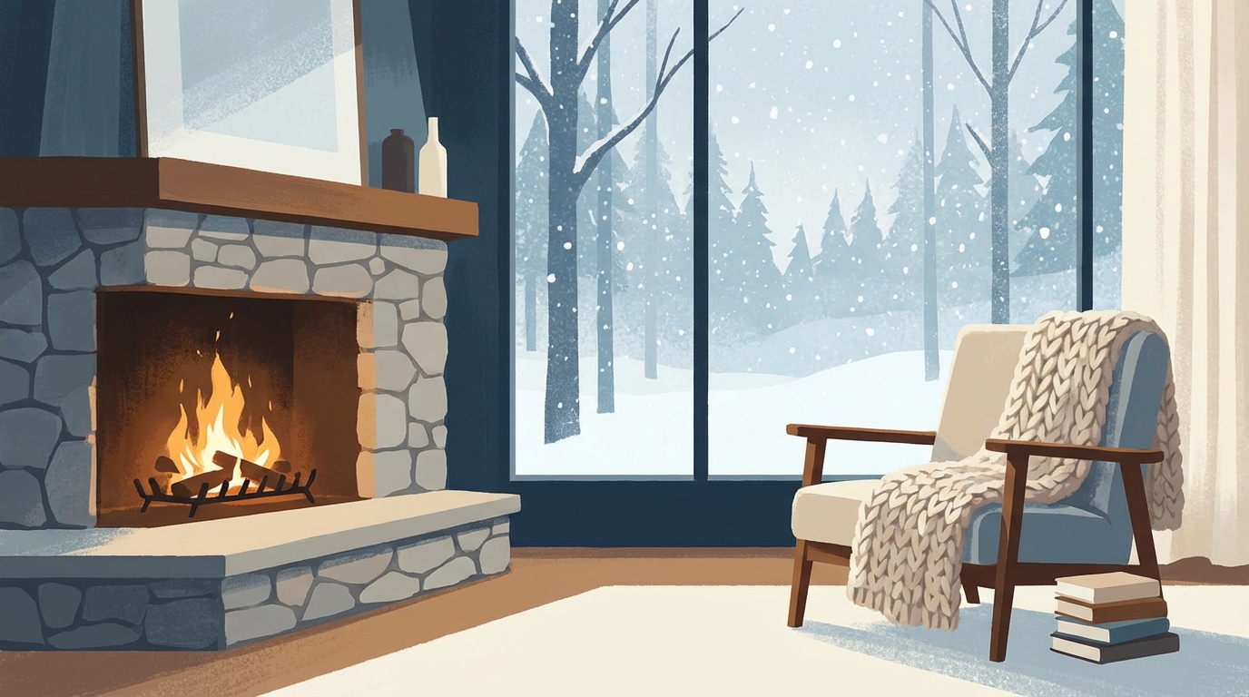 A serene image of a cozy cabin interior with a fireplace and a view of a snowy forest through the window, evoking a sense of peace and relaxation.