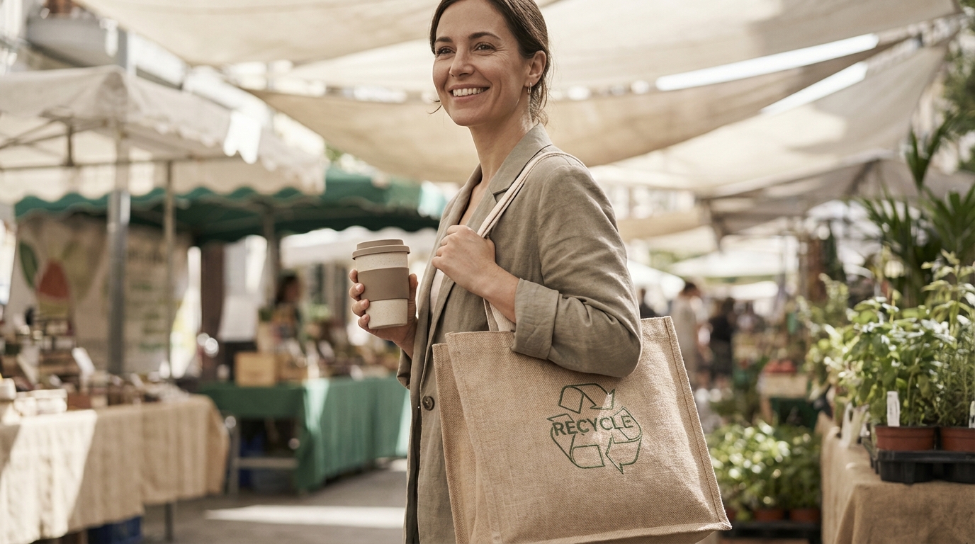 A bright, modern photo showing a woman holding a reusable coffee cup and a tote bag made from recycled materials, smiling in a sunlit outdoor market setting