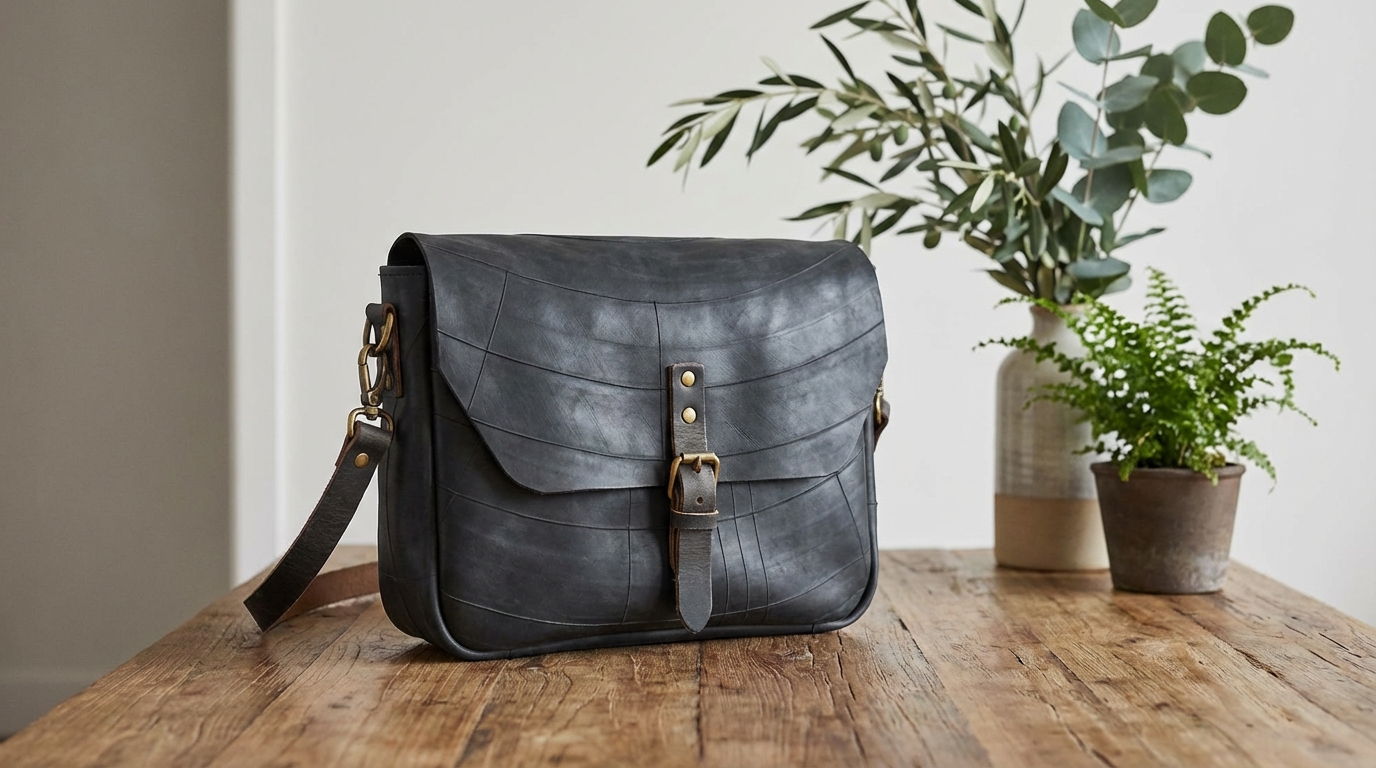 Close-up shot of a stylish messenger bag or wallet made from upcycled rubber or canvas, resting on a wooden table with some greenery in the background