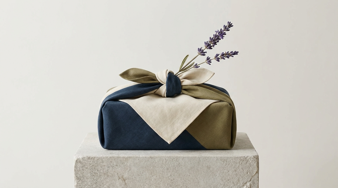 An elegantly wrapped gift using Furoshiki (Japanese fabric wrapping) technique with a sprig of dried lavender tucked into the knot
