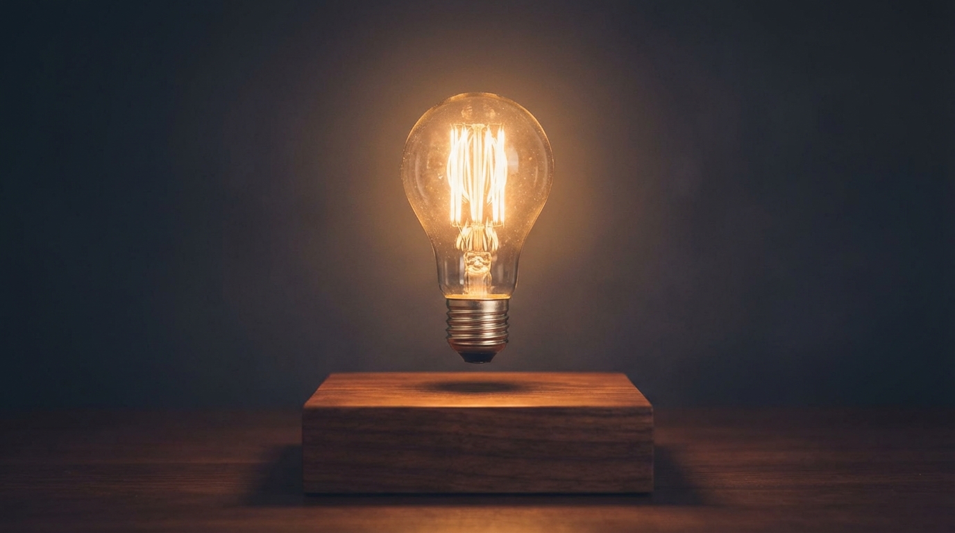 A close-up, high-quality shot of a levitating lightbulb floating above a wooden base, glowing warmly against a dark, moody background.
