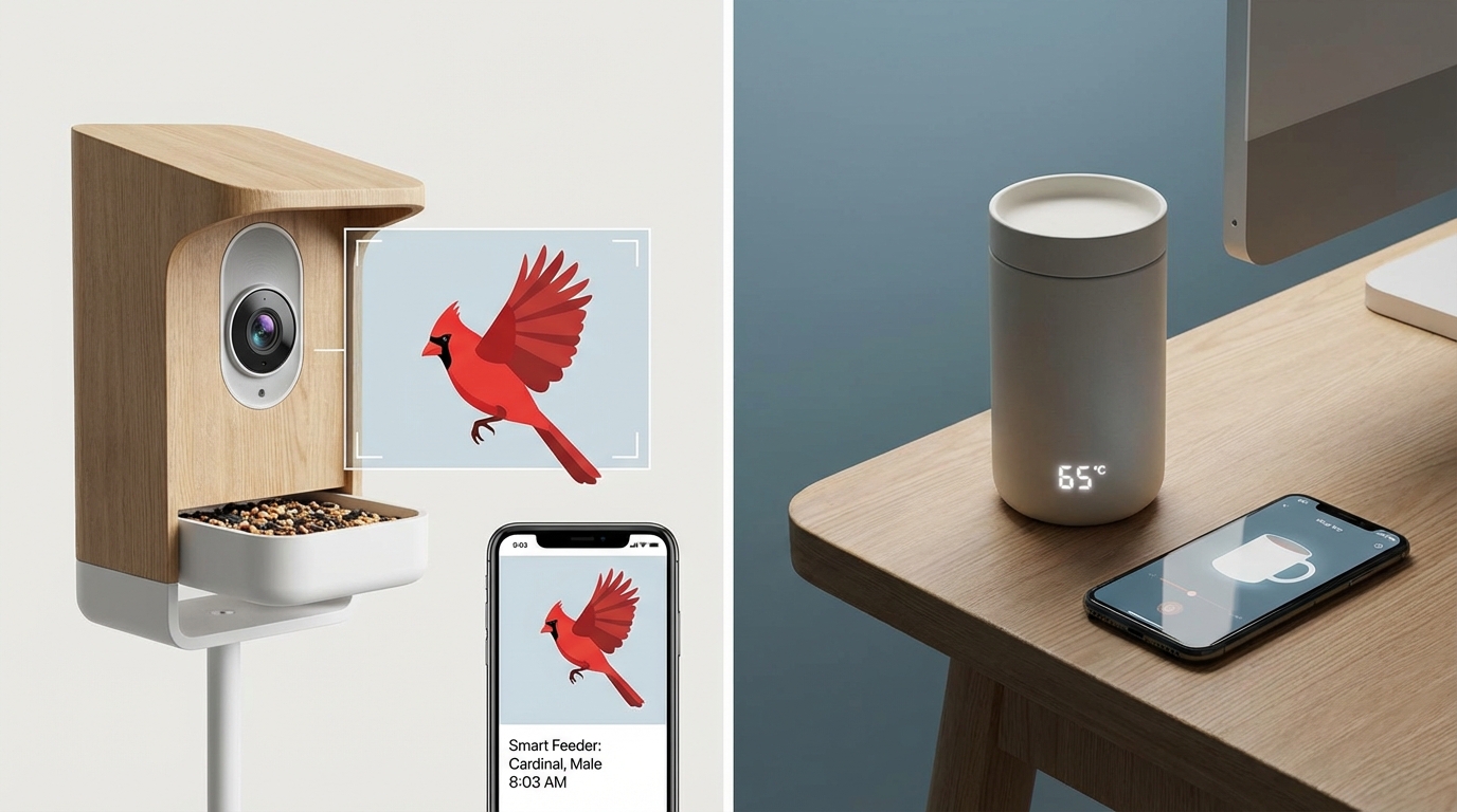 A split composition showing a smart bird feeder capturing a photo of a cardinal on the left, and a sleek, app-controlled temperature mug on a desk on the right.