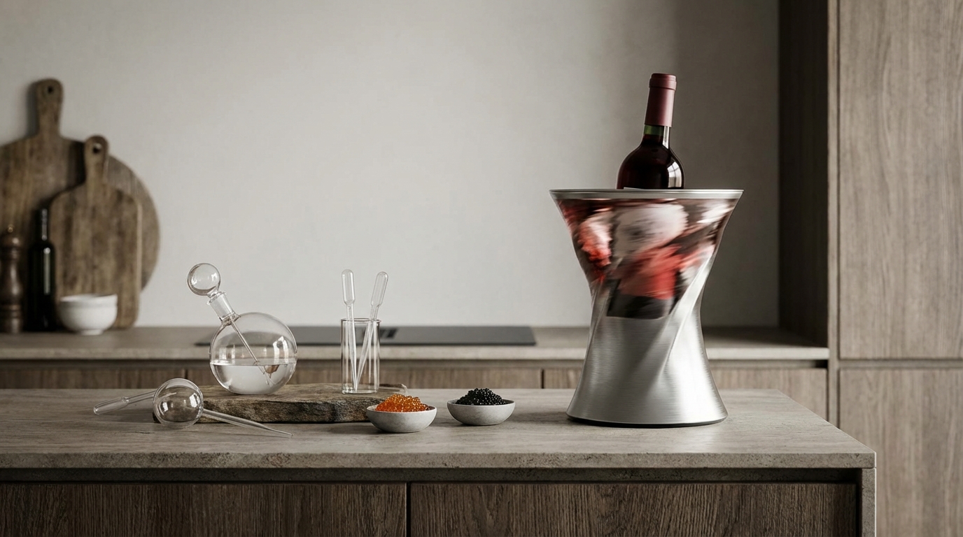 A modern kitchen countertop featuring a rapid beverage chiller spinning a wine bottle, with a molecular gastronomy spherification kit set up nearby.